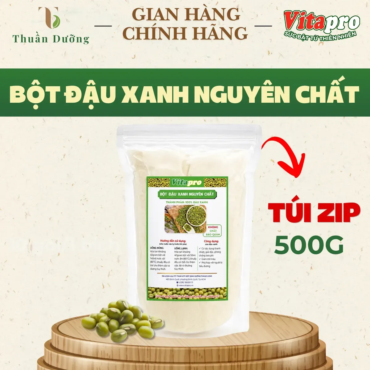 Bột Đậu Xanh Nguyên Chất Vitapro 500G - Không Đường - Dạng Túi Zip - Thanh Nhiệt, Dinh Dưỡng Bột Đậu Xanh Nguyên Chất Vitapro 500G - Không Đường - Dạng Túi Zip - Thanh Nhiệt, Dinh Dưỡng