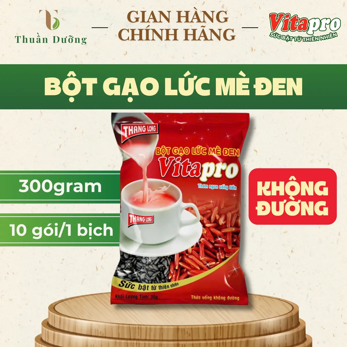 Bột Gạo Lức Mè Đen Vitapro - Không Đường - 300 Gram - 1 Bịch 10 Gói - Chính Hãng