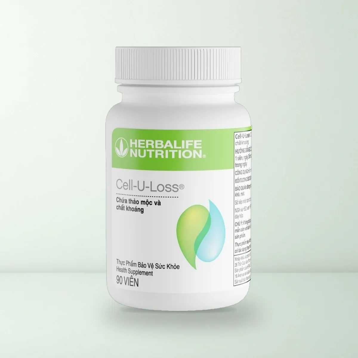 Thực Phẩm Bảo Vệ Sức Khỏe: Cell-U-Loss® Lọ Thực Phẩm Bảo Vệ Sức Khỏe Herbalife Cell-U-Loss 90 viên màu trắng biểu tượng giọt nước xanh