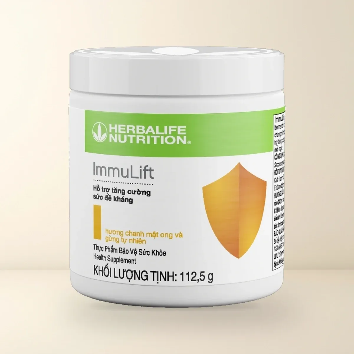 Thực Phẩm Bảo Vệ Sức Khỏe: ImmuLift Hộp Thực Phẩm Bảo Vệ Sức Khỏe Herbalife ImmuLift 112,5g màu trắng họa tiết khiên vàng đồng
