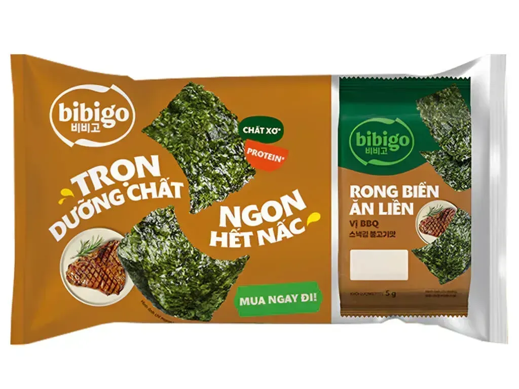 Pack of 3 Sachet rong bien an lien Bibigo vi BBQ 4g Lốc 3 gói rong biển ăn liền Bibigo vị BBQ 4g