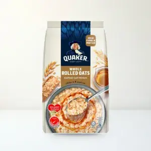 Bao bì mặt trước Yến Mạch Nguyên Hạt Cán Dẹt Quaker Gói 800 g (Whole Rolled Oats) chính hãng Quaker