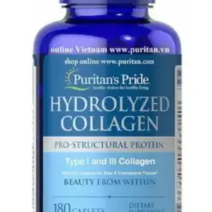 Viên Uống Collagen Thủy Phân Puritan’s Pride Hydrolyzed Collagen Type I, III 180 Viên - Tăng Cường Độ Đàn Hồi, Trẻ Hóa Da, Hàng Nhập Mỹ